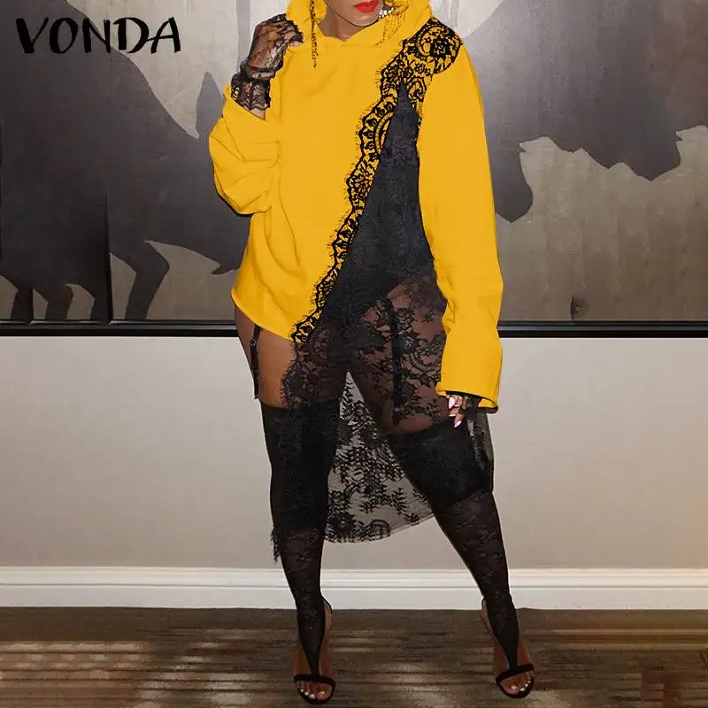 

Толстовки с капюшоном 2021 VONDA, элегантные женские толстовки с длинным рукавом, весенне-осенние кружевные лоскутные толстовки с капюшоном, бл...