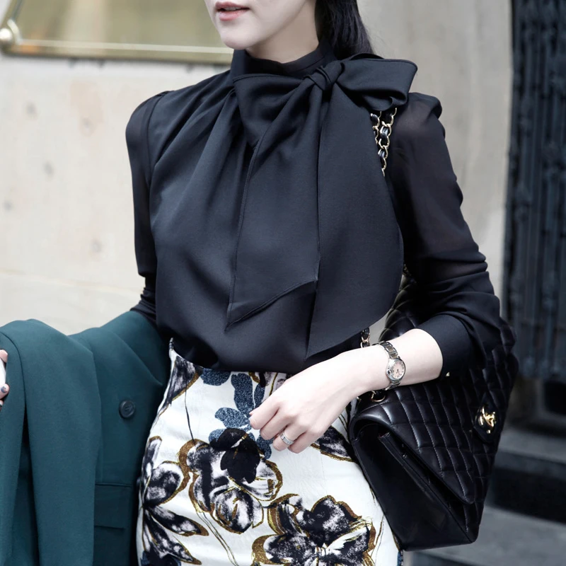 2019 модная новая Свободная шифоновая блузка с бантом женская рубашка длинным