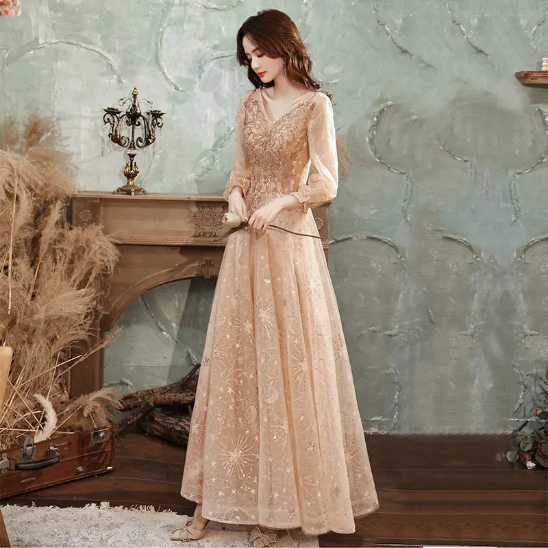 

AE900 Evening Dress A-line Floor Length Robe De Soiree 2021 Three Quarter Sleeve Women Party Dresses V-neck Evening Gown