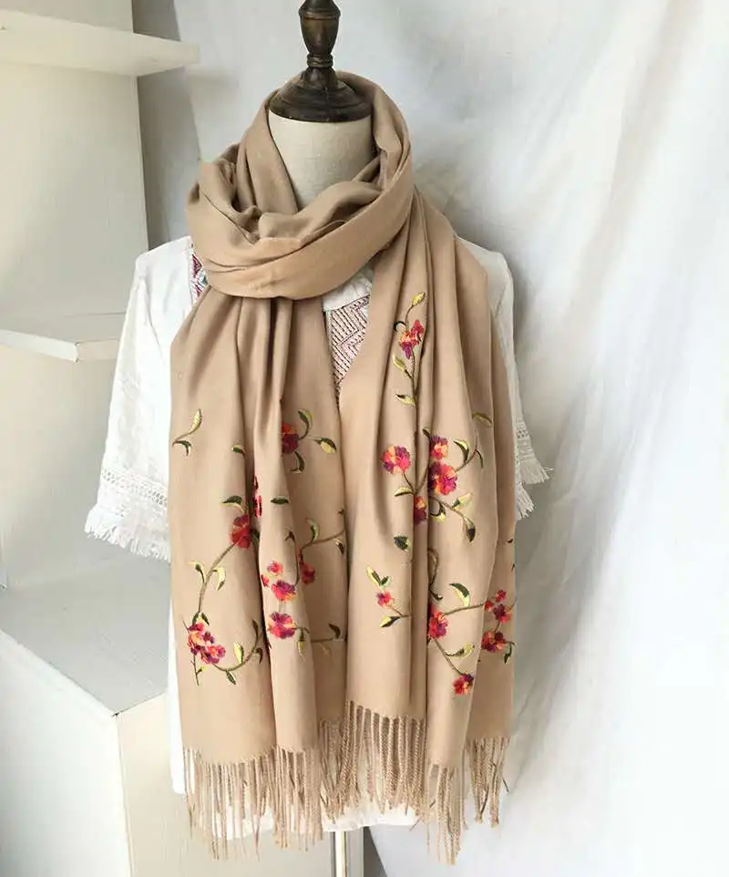 

Ladies Winter Thickening Warm Tassels Shawl 100% Soft Pashmina Cashmere Shawl for Women Hot Sale Gray Embroider Flower Scarf