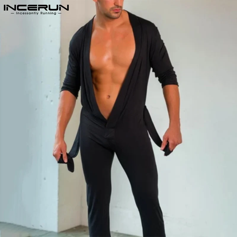 INCERUN Comfortable Homewear New Men Sexy Leisure V-neck Jumpsuits Male Solid Color All-match Simple Sleeve Bodysuits S-5XL 2023
