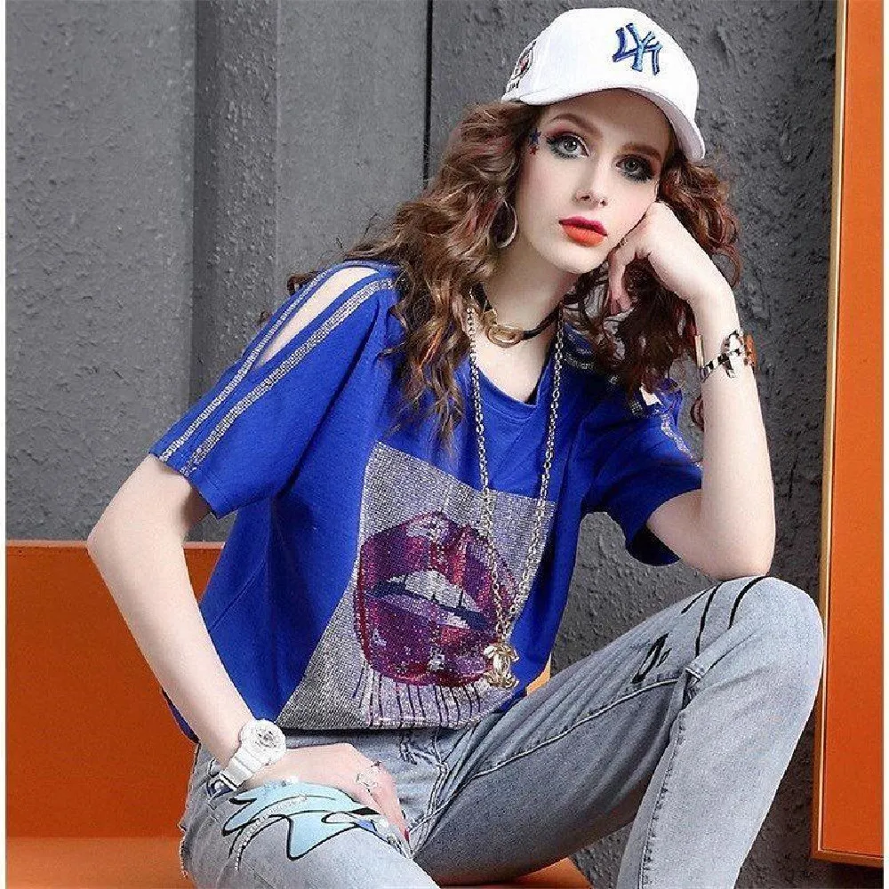 

Loose short sleeve T-shirt women's new tide summer fashion diamond-encrusted shirt Joker shoulder-exposed thin bat shirt