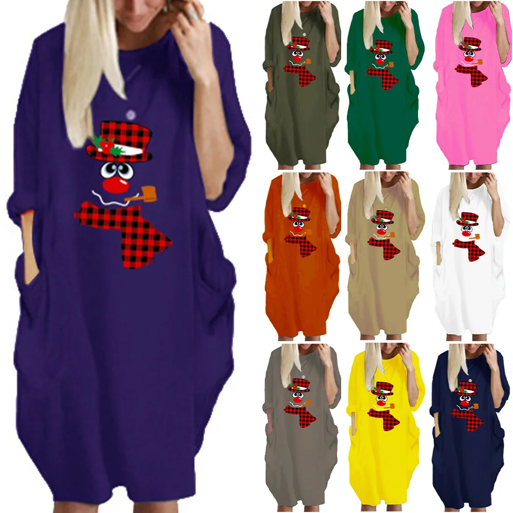 

VICABO Womens Dresses Christmas Baggy Pullover Xmas O Neck 3/4 Sleeve Long Female Robe Tunic Woman Dress