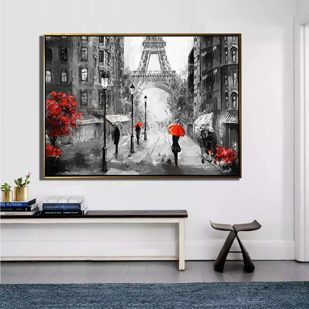 

Large size Print Oil Painting home eiffel tower people under a red umbrella print Picture For Living Room painting No Frame