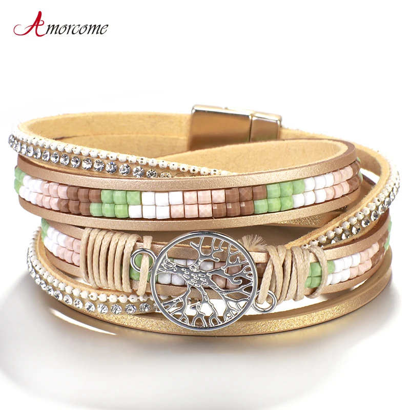 Amorcome Древо жизни Шарм кожаные браслеты из нержавеющей стали для женщин модные 2020