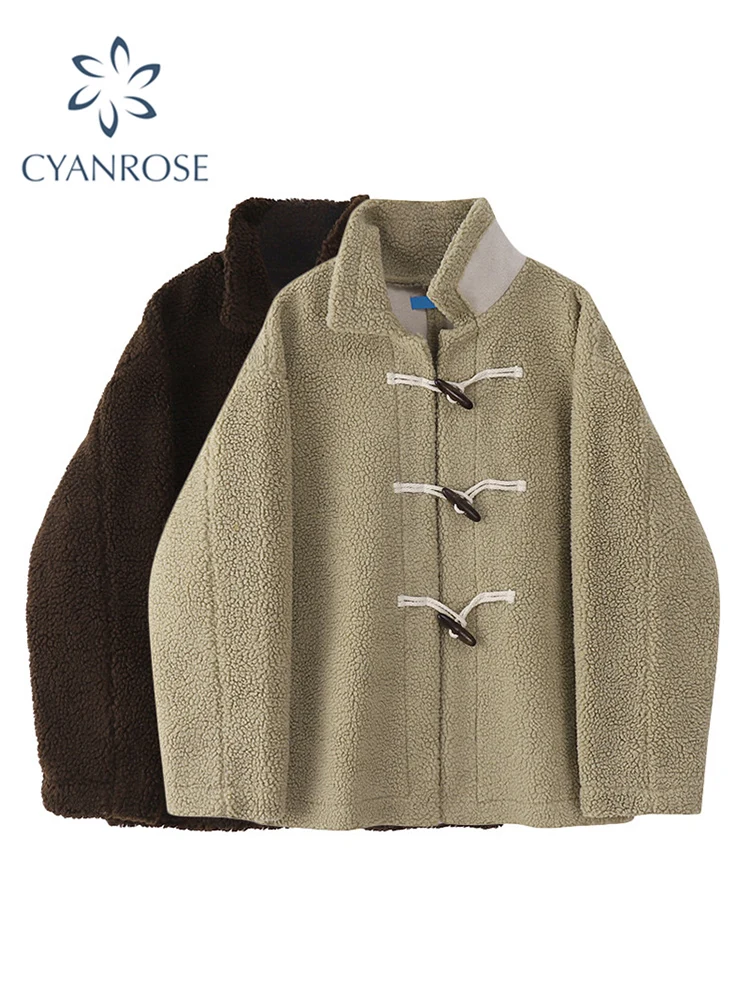

Women's Vintage Lamb Wool Jacket Thickened Warm Oversized Horn Button Streetwear Female Jackets Sweet Cute Korean Teddy Coats