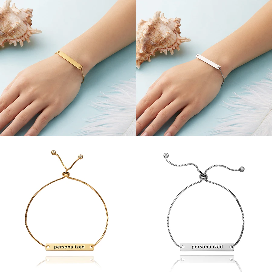 

Personalized Custom Bracelets Engraved Name Stainless Steel Box Chain Bracelet Best Friend Female Wrist Bracelet Jewelry Gift