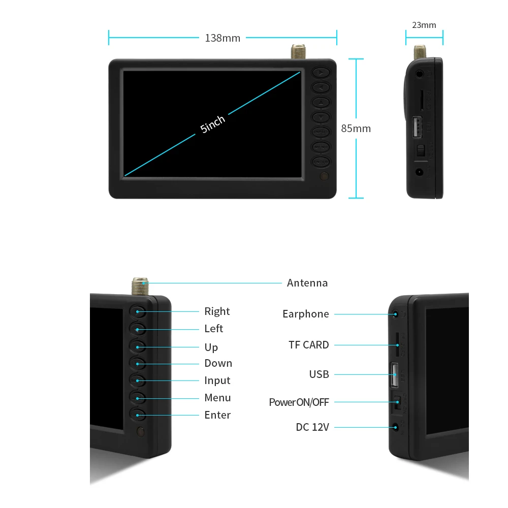 Mini 5 Inch D5 Digital Tv Dvbt2 Atsc Radio U Disk Playback Hd H.265 Car Navigation Portable | Электроника