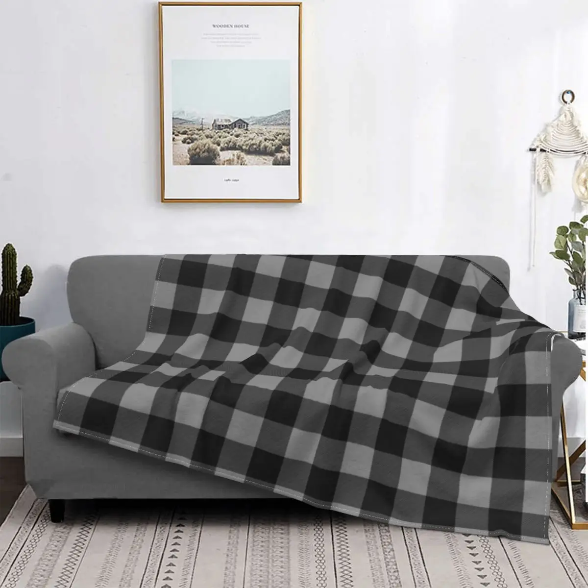 

Manta de franela suave y cálida para sofá, cobertor de tela polar con estampado de tartán a cuadros, a rayas grises y negras, co