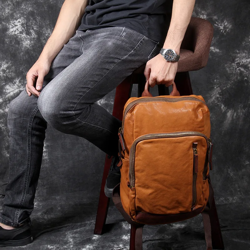 Винтаж Oxhide верхний слой коровья кожа сумка ручной работы голова кожаный рюкзак