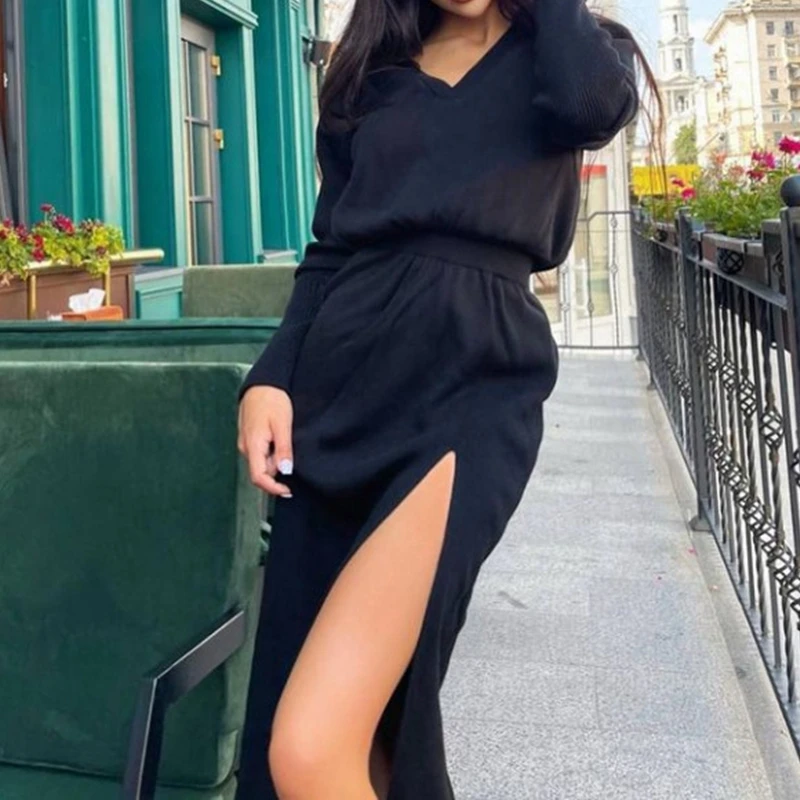 

Wepbel Casual Sweaters Dress Long Sleeve High Waist Women Knitted Dress Slit Fashionable Autumn Solid Color V-neck Dress