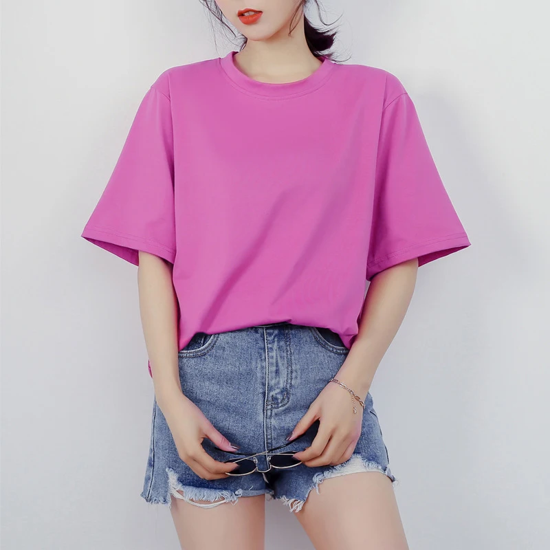 

2021 new fashion T-shirt Round neck casual Womens summer pure cotton solid color