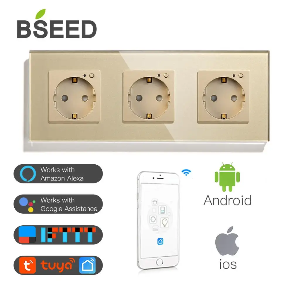 BSEED Wifi Triple Socket EU Standard Wall 16A 110V-250V White Black Gloden Crystal Glass Panel For Smart Home | Обустройство дома