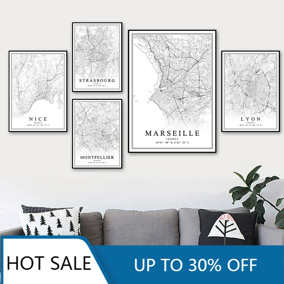 Карта города Франции Париж Лион Марсель Монпелье Ницца Страсбург Тулуза Картина