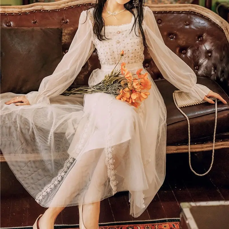 

Kawaii Ladies White Dress Elegant Patchwork Ladies Dress Korean Lace Long Skirt Female 2021 Beautiful Women'S Clothes
