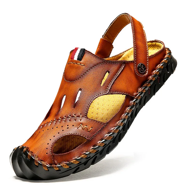VastWave Summer Cow Leather Men's Sandals Beach Shoes Handmade Outdoor Casual Man Soft Luxury Hollow Sandalias | Обувь