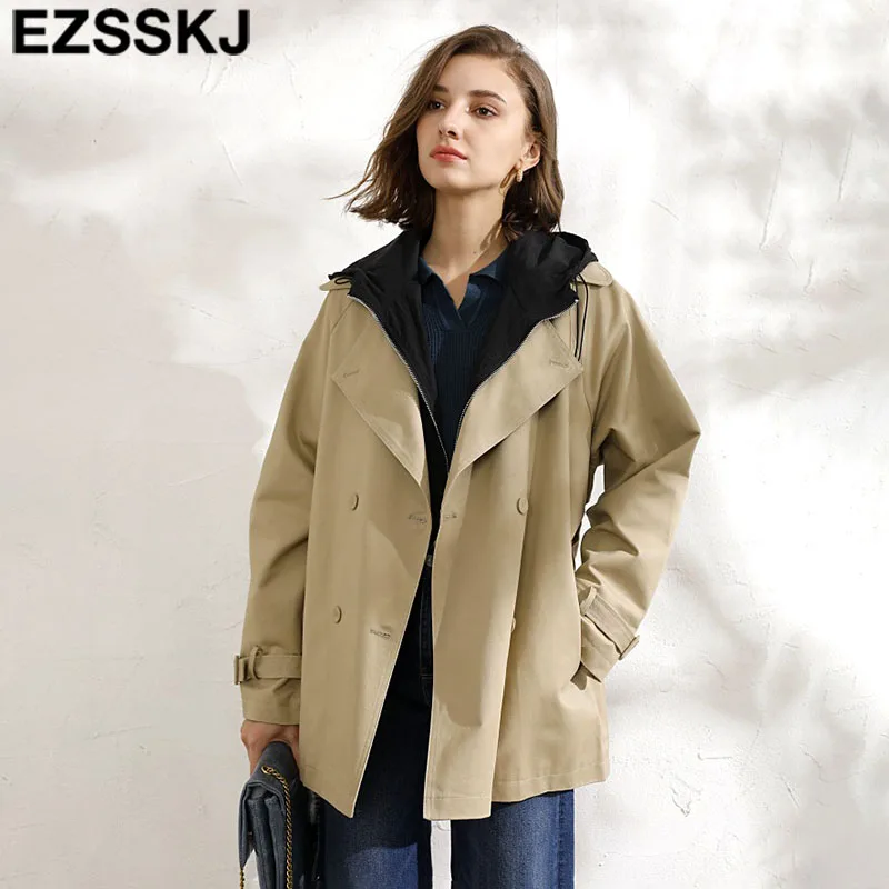 

Cap can be remove Single-breasted Casual loose streetwear short windbreaker for women long jacket coat female Windbreaker cloak