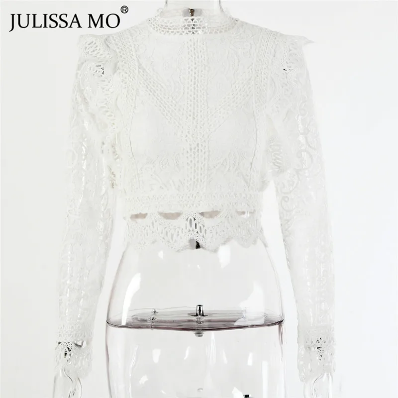 JULISSA MO белые кружевные блузки рубашки женские осенние сексуальные открытые рубашки с длинным рукавом футболки модные милые цветочные вязаные крючком женские топы - Цвет: Белый