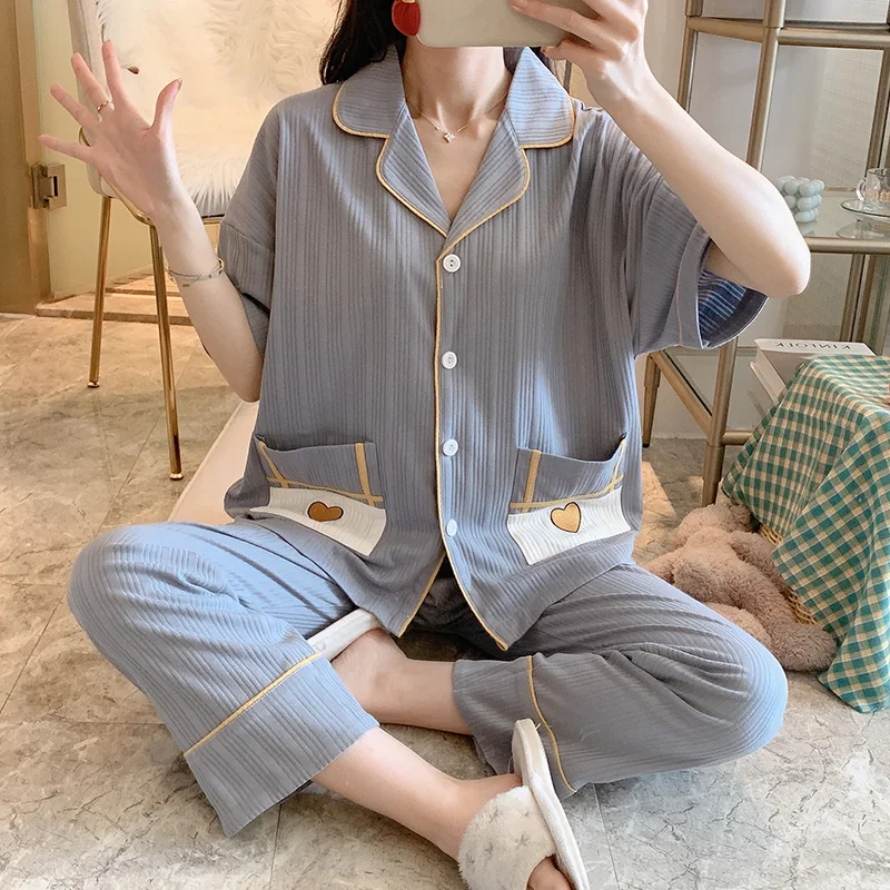 

Gray Blue Love Pajamas Women's Pure Cotton Summer Korean Cardigan Fresh Short Sleeve Trousers Suit Spring and Autumn Thin