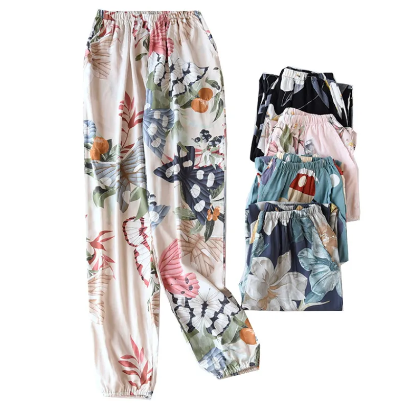 

2021 Rayon Trousers Women's Spring And Summer Thin Cotton Loose Cool Can Be Worn Outside Soft Pants Floral Printed Sleep Bottom