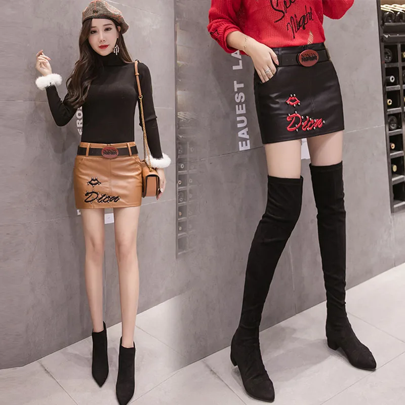 Женская облегающая мини-юбка NYFS юбка из искусственной кожи с вышивкой на