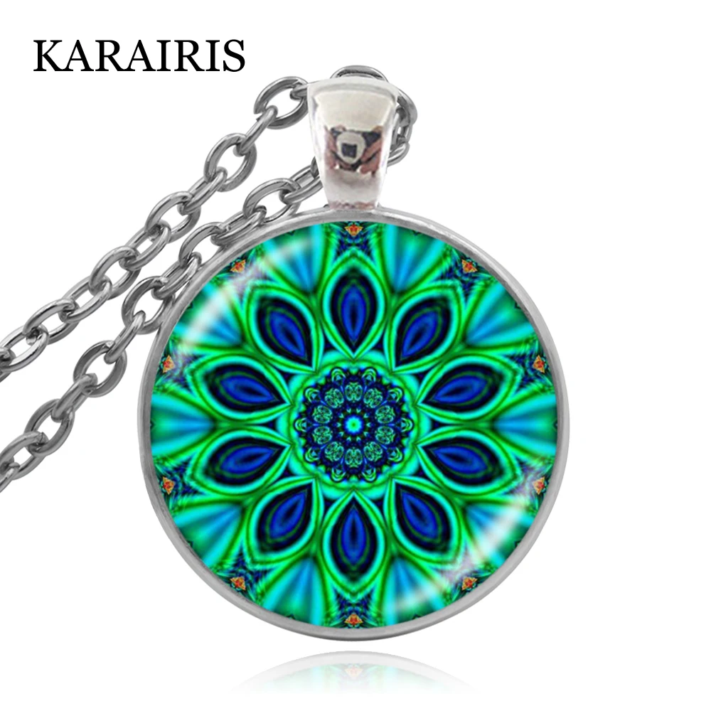 

KARAIRIS Sari Kaleidoscope Mandala Necklace Om Vintage Buddhism Dome Pendants Antique Bronze Jewelry Necklaces for Women