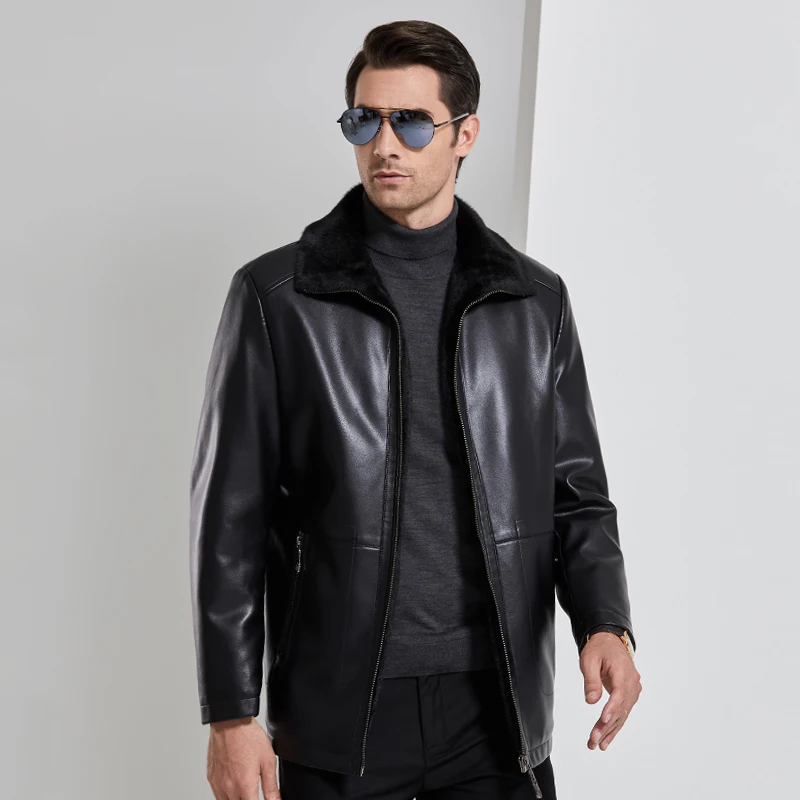 Новое поступление модная мужская куртка с меховым воротником зимняя кожаная