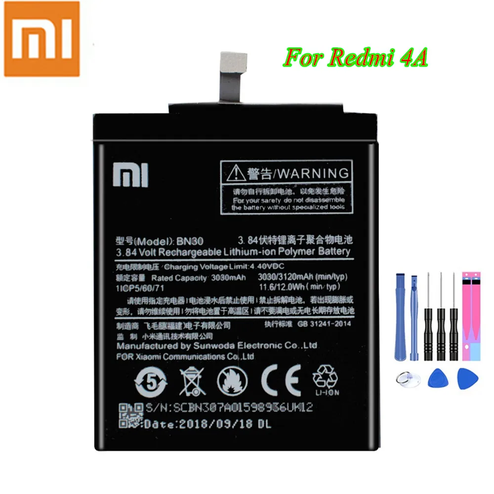 

Original Xiao Mi Battery BN30 For Redmi 4A Hongmi Redrice 4A 3030/3120mAh Full Capacity Genuine Xiao Mi Batteria Akku +Tools