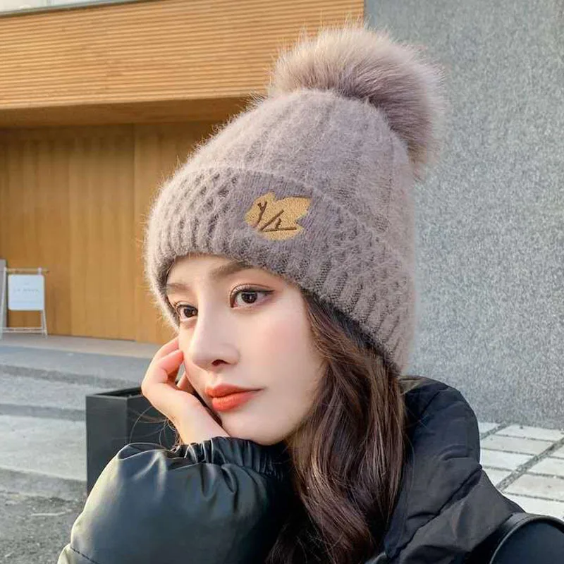 

Женская универсальная Корейская утепленная шапка из кроличьей шерсти, Осень-зима 2021, бархатная теплая вязаная однотонная шапка с узором