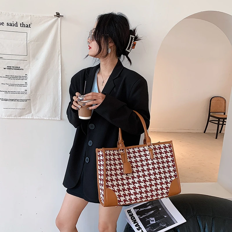 

HAWSON Houndstooth Shoulder Bag For Women Fashion Girls Canvas Handbag Matching Retro Wild Shoulder Bag Mom High Capacity Bags