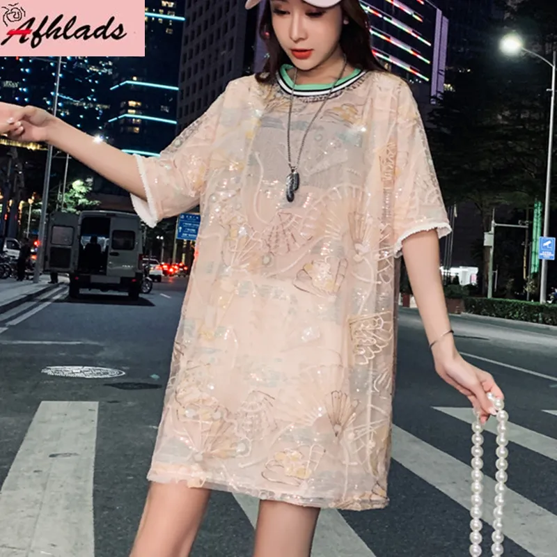 

Summer New Style Pearl Beading Patchwork Sequin Loose T-Shirt Female Pink Short Sleeved Bling Streetwear Night Club Tops