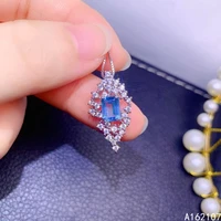 boutique jewelry 925 sterling silver inset with natural blue topaz stone woman fashion retro rectangular gem pendant necklace su