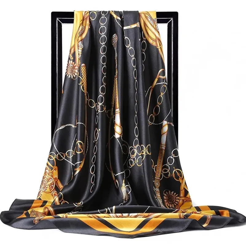 

Silk Scarf Women Print Hair Neck Square Scarves Office Ladies Shawl Bandanna 90X90CM Muslim Hijab Handkerchief Muffler Foulard