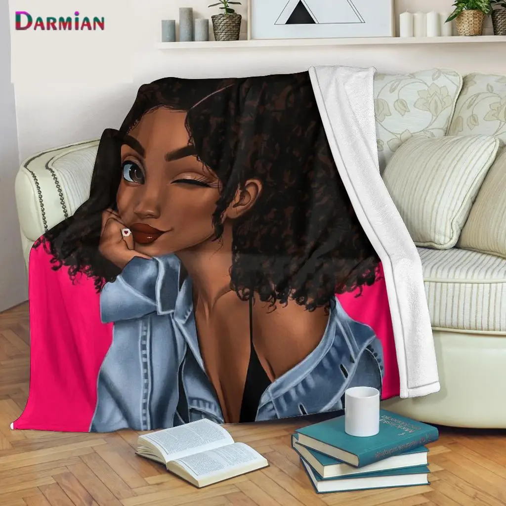 

DARMIAN Black Girl Pattern Flannel Blankets Personalized Support Home Travel Hotel Portable Throw Blankets Afro Art Plush Quilt