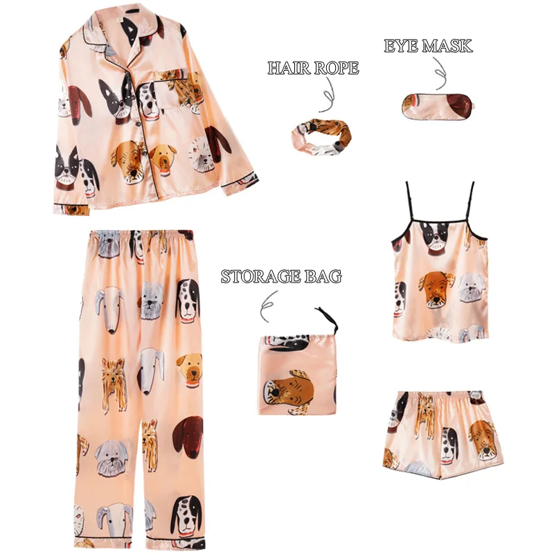 Пижамы 7 шт. женские шелковые пижамы с длинными рукавами сезон весна осень