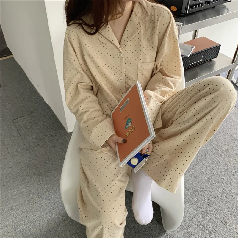 Fresh Polka Dot Cotton Pajamas Suit Womens Autumn and Winter Long Sleeves Trousers Can Be Worn outside Korean Home Wear
