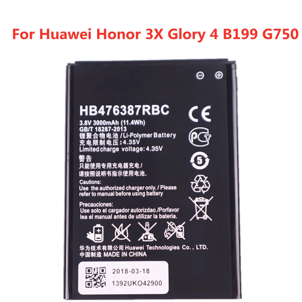 

HB476387RBC Battery For Huawei Honor 3X G750 Glory 4 B199 G750-U10 G750-T01 G750-T00 G750-C00 G750-U00 3000mAh