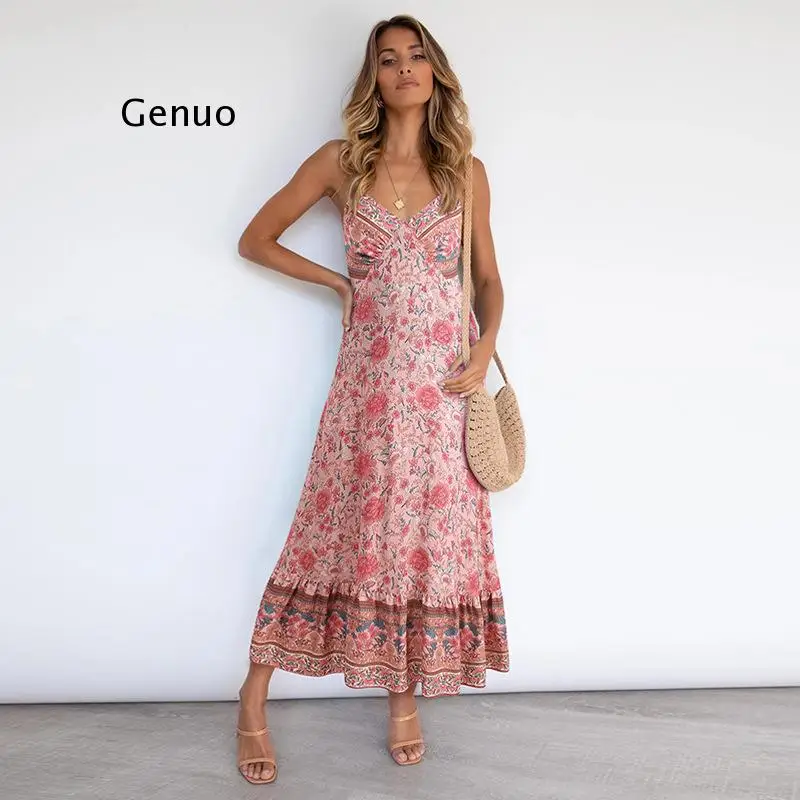 

Женские слинг Цветочный принт Длинные платья Женская мода Boho Сексуальный v-образный вырез с открытой спиной без рукавов с лямкой на шее вече...