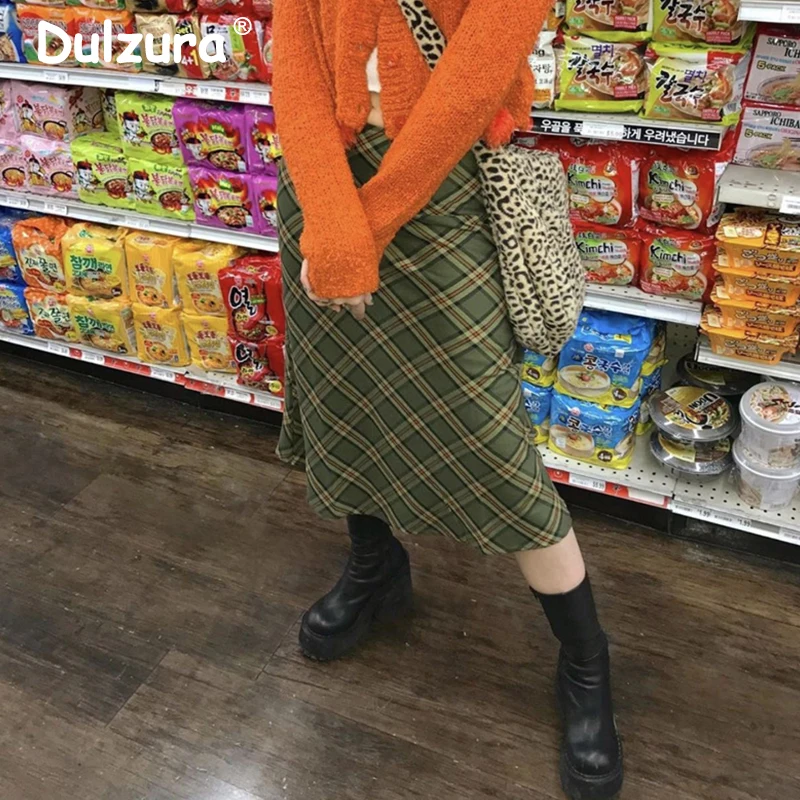 Харадзюку зеленая клетчатая длинная юбка для женщин 2019 осень бренд Высокая талия