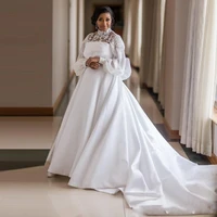 romantic appliques high neck lantern sleeve ballgown wedding dress modern cheap bride satin vestido de novia
