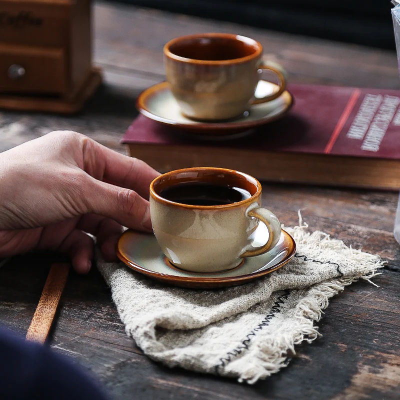 Japanese-style Retro Stoneware Coffee Cup Saucer Vintage Ceramic Quaint Breakfast Afternoon Tea Milk Mugs Dessert Cake Tray | Дом и сад