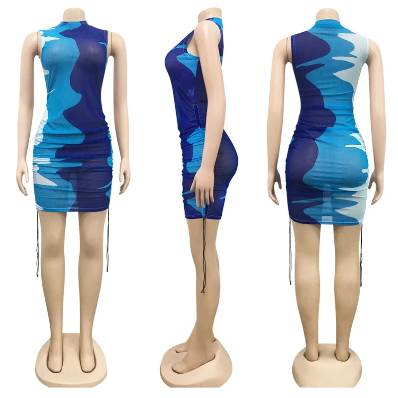 

Women Summer Fashion Print Color Contrast Sleeveless Mini Dress Sexy See-through Mesh Dress Stretch Drawstring Beachwear