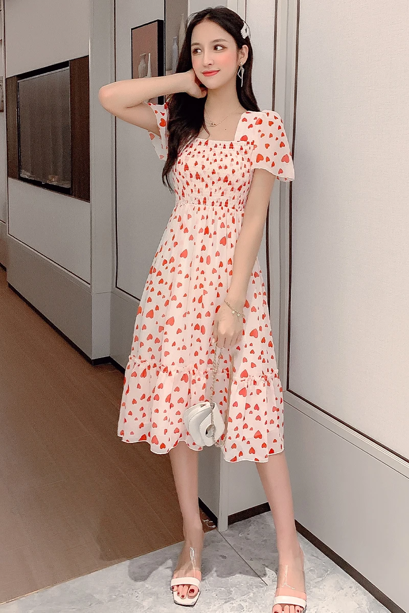 

Dresses Women Vintage Y2k Sweet Heart All Over Print Korean Fashion 2021 Summer Short Sleeve Chiffon Dress Vestidos Casuales