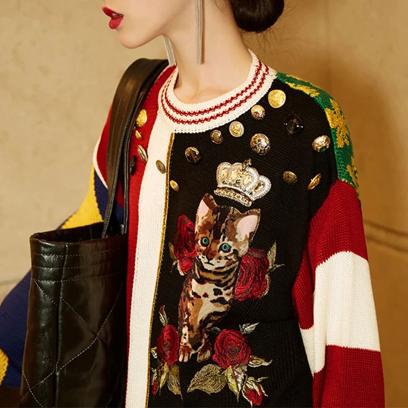 Autumn Winter Runway Designer Rose Flower Embroidery Buttons Knitted Sweater 2020 Streetwear Loose Casual Pullover | Женская одежда