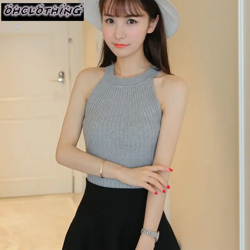 OHCLOTHING, модные майки без рукавов, вязаные Топики, тонкая бретель через шею, сексуальные женские свитера без бретелек, жилет Harn