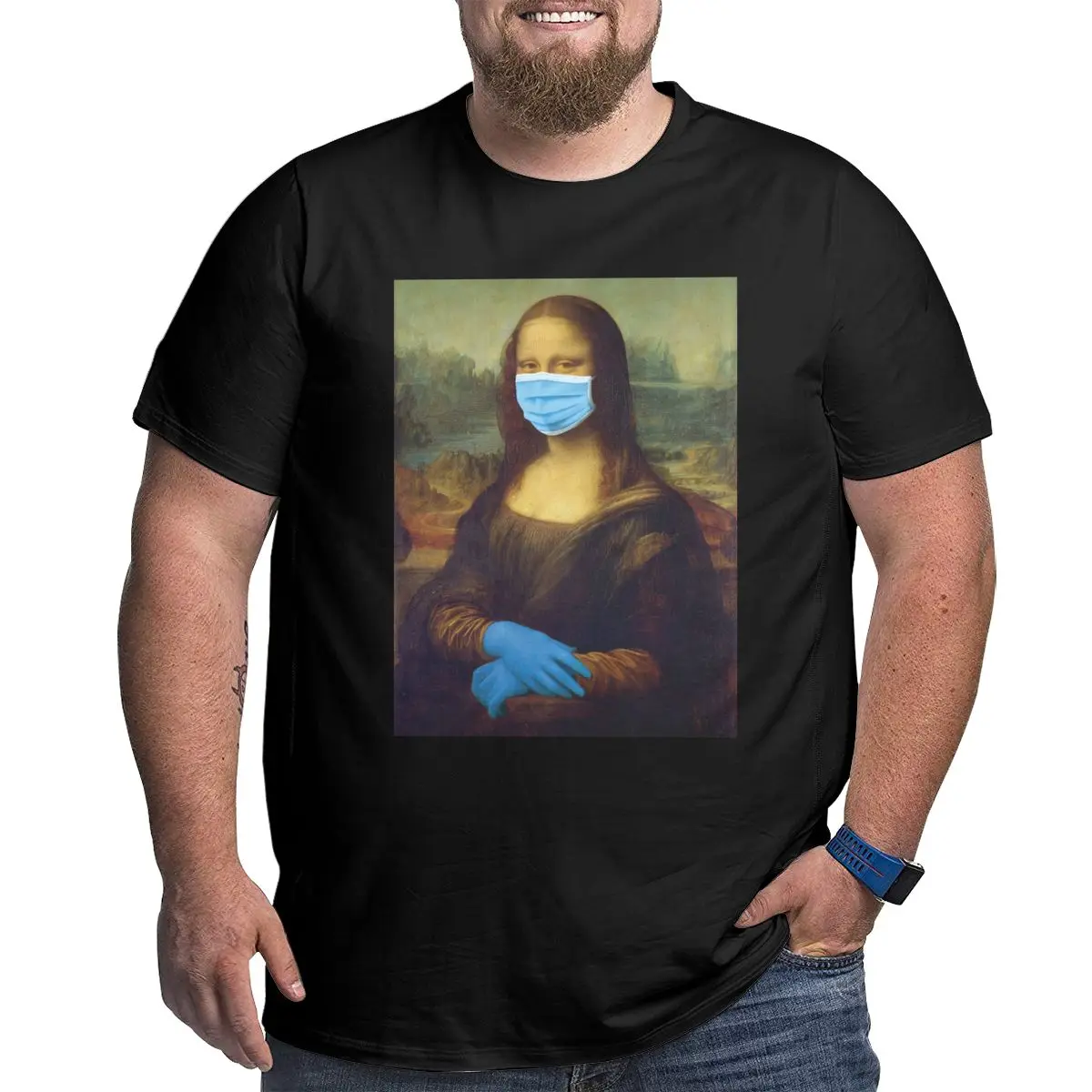 

Men's Mona Lisa Wearing A Mask T Shirt The Clothing Big Tall Tee Plus Size Big Size Large 4XL 5XL 6XL T-Shirt