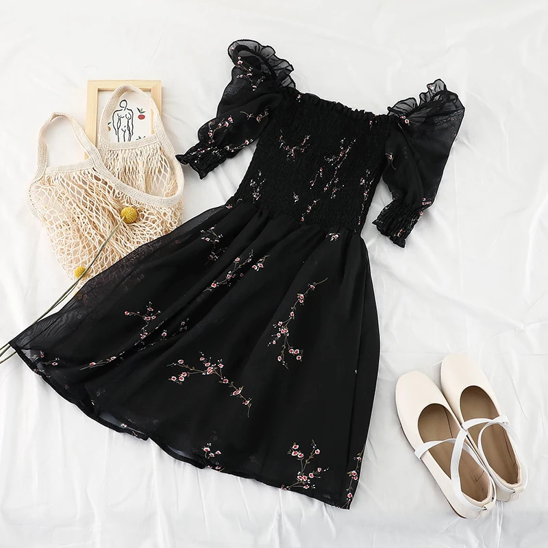 Women Dress Для женщин Flare рукавом с цветочным принтом и квадратным воротником шифоновое платье эластичный короткий тонкий плиссированный пуловер Mesh Gauze/оборками вуаль Мини-платья - Цвет: Women Dress