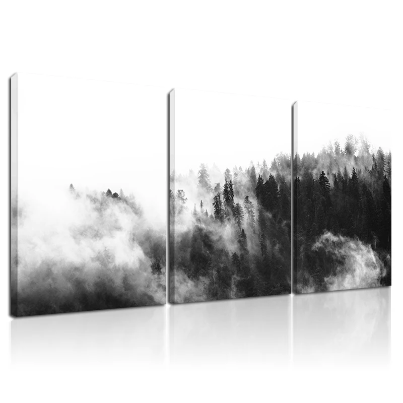 

Black White Wall Art Forest Landscape Canvas Painting Framed Decoration Picture Misty Mountain Wall Poster Foggy Ready To Hang