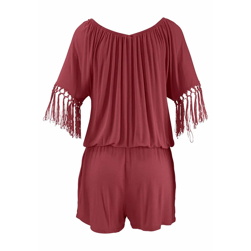 

Casual Women Summer Playsuits Sexy Slash Neck Tassel Beach Jumpsuits Shorts Overalls Boho Girls Pockets Rompers XXL GV923