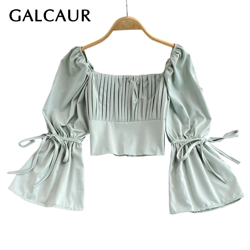 

Блузка Женская приталенная с квадратным вырезом, расклешенными рукавами и складками